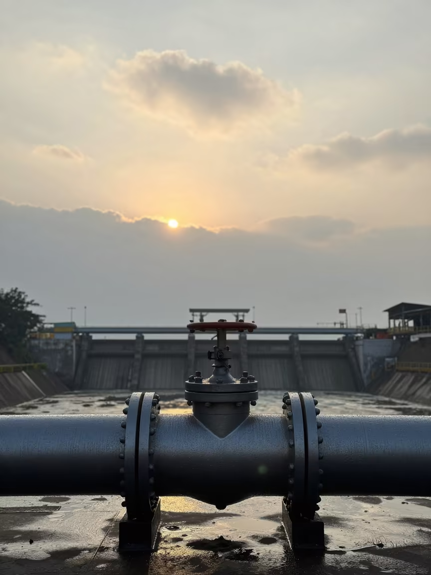 Dawn Condensation on Pipeline Pig Launcher in along a dam spillway in Medellin