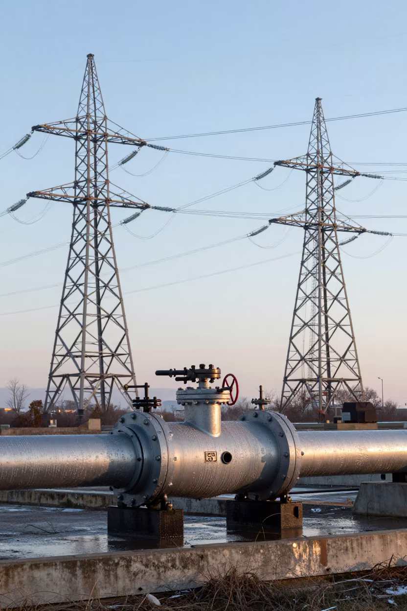Dawn Condensation on Thessaloniki Pipeline Launcher in beneath transmission towers in Thessaloniki