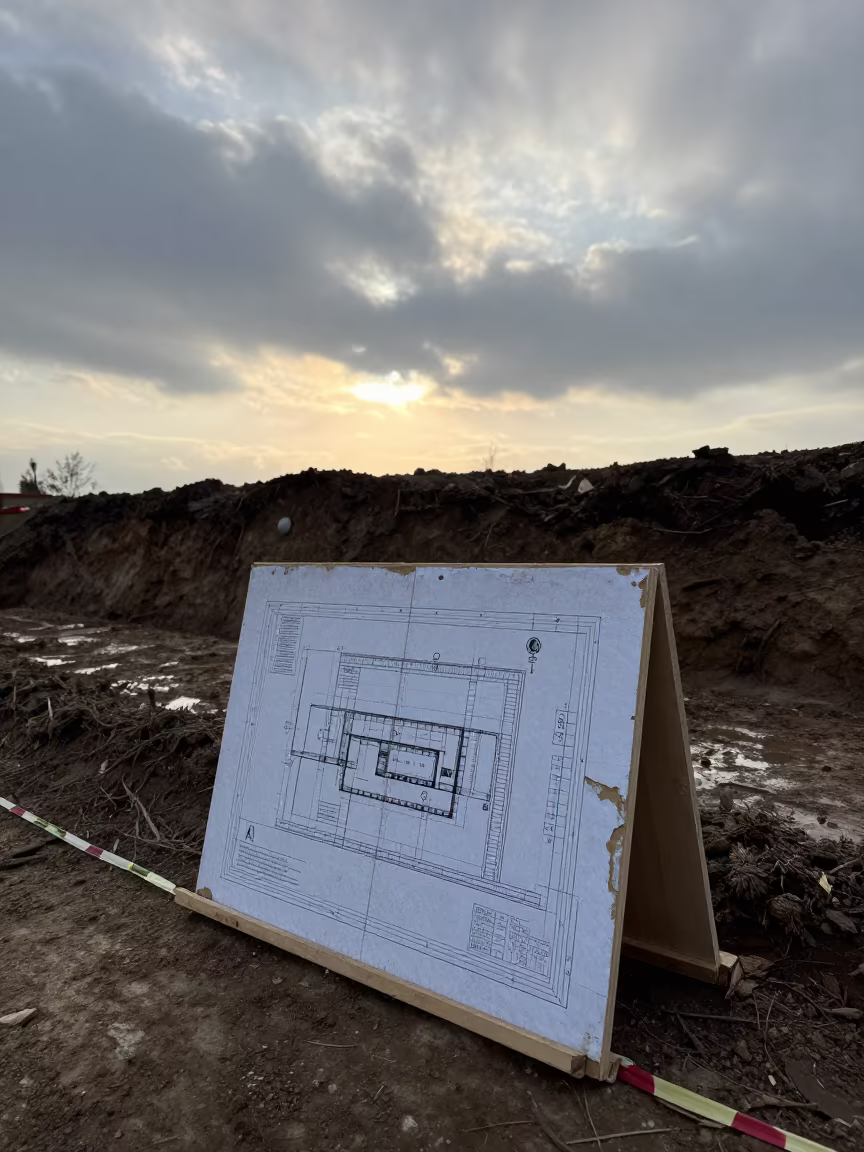Dawn Construction Board at Excavation Edge in inside a taped-off excavation edge in the Caucasus