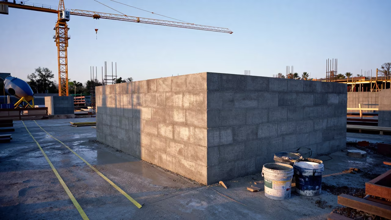 Dawn Construction Corner Wet Concrete Blocks in beneath a tower crane on open ground in Georgia