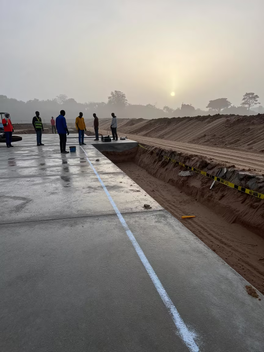 Dawn Construction Lines Over Sand Dunes in inside a taped-off excavation edge near Lubumbashi
