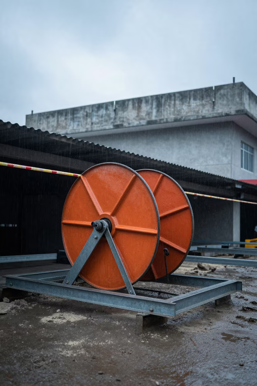 Dawn Construction Safety Reel on Wet Malay Site in beside a framed building shell in Kuala Terengganu