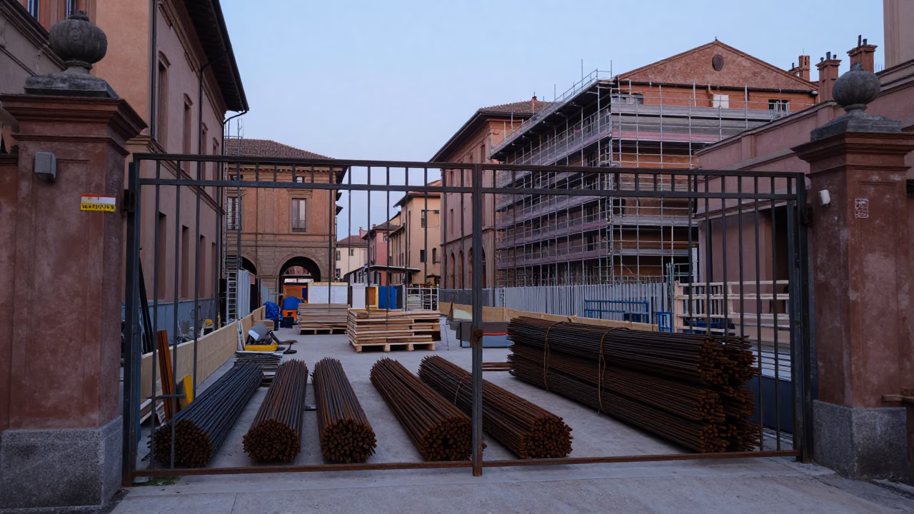 Dawn Construction Site in Bologna Italy With Rebar Bundles and Scaffolding in in Bologna, Italy
