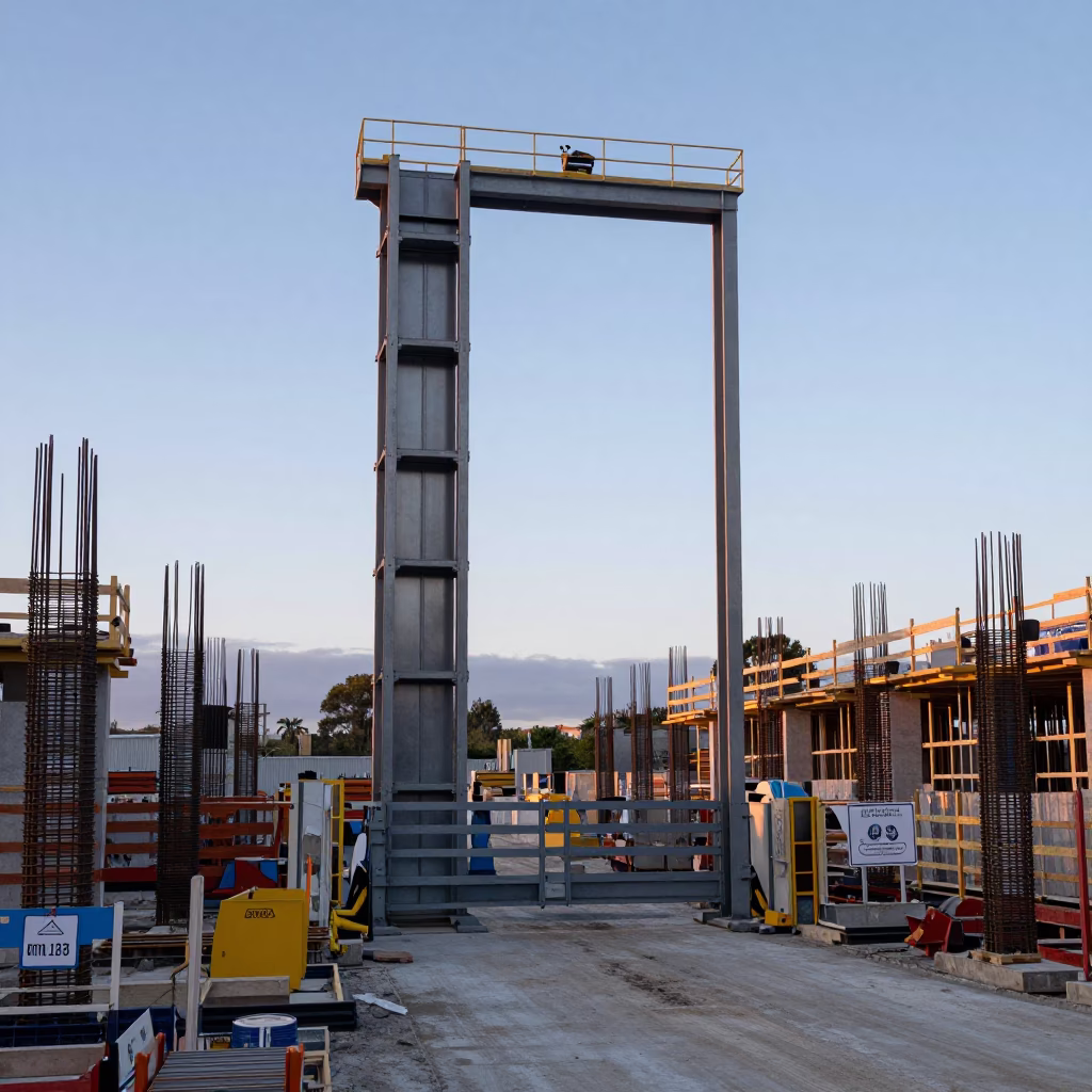Dawn Construction Site in Christchurch New Zealand with Rebar and Elevator Gate in in Christchurch, New Zealand