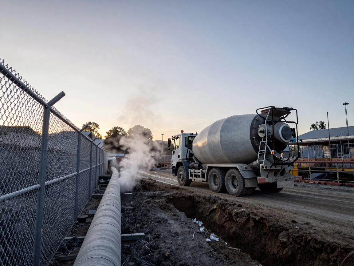 Dawn Construction Site in Christchurch New Zealand with Steaming District Heating Pipe and Frost in in Christchurch, New Zealand