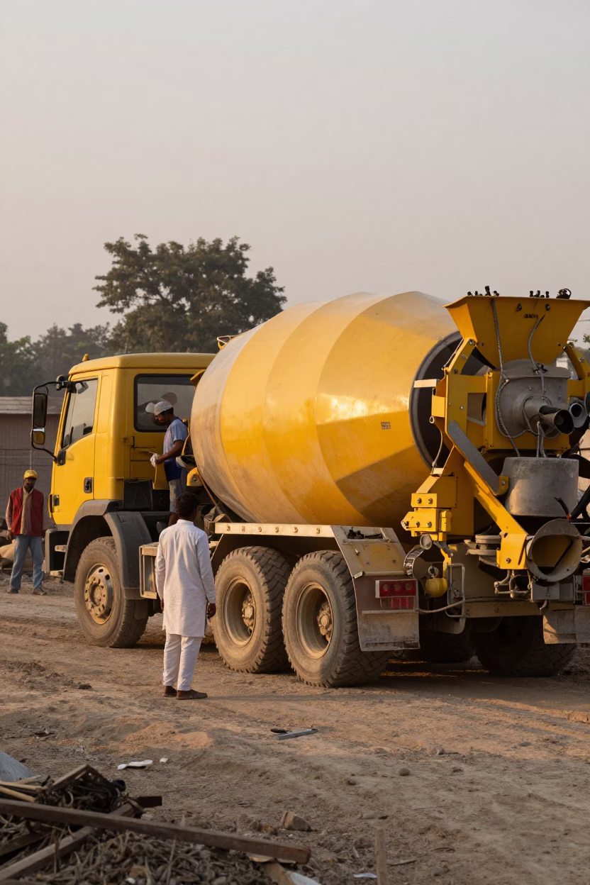 Dawn Construction Site in Jaipur India with Cement Mixer and Workers in in Jaipur, India