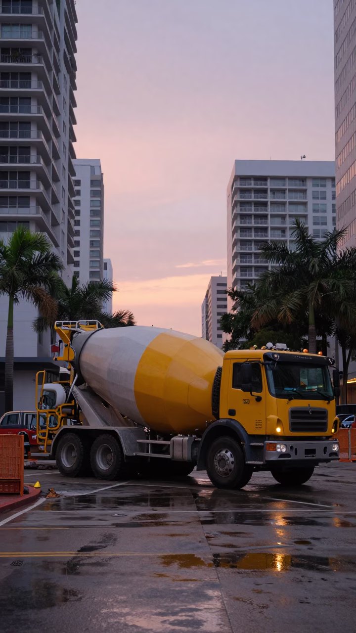 Dawn Construction Site in Miami Florida with Cement Mixer and Urban Morning Light in in Miami, Florida, United States