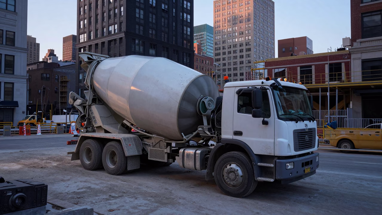 Dawn Construction Site with Cement Mixer in New York City Urban Street Scene in in New York, New York, United States