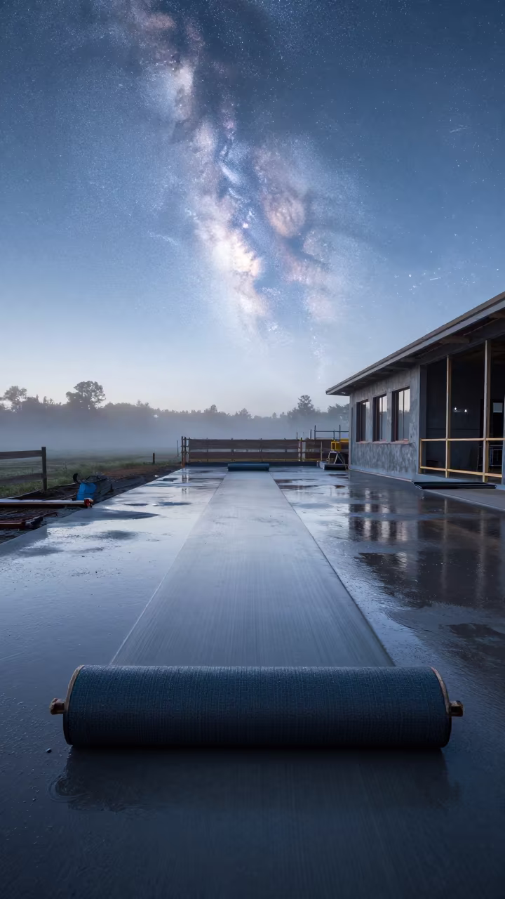 Dawn Construction Slab with Visible Milky Way in beside a framed building shell in Victoria