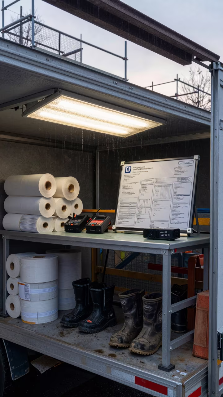 Dawn Construction Site Trailer Desk with Muddy Boots in along a scaffolded facade near Hanover