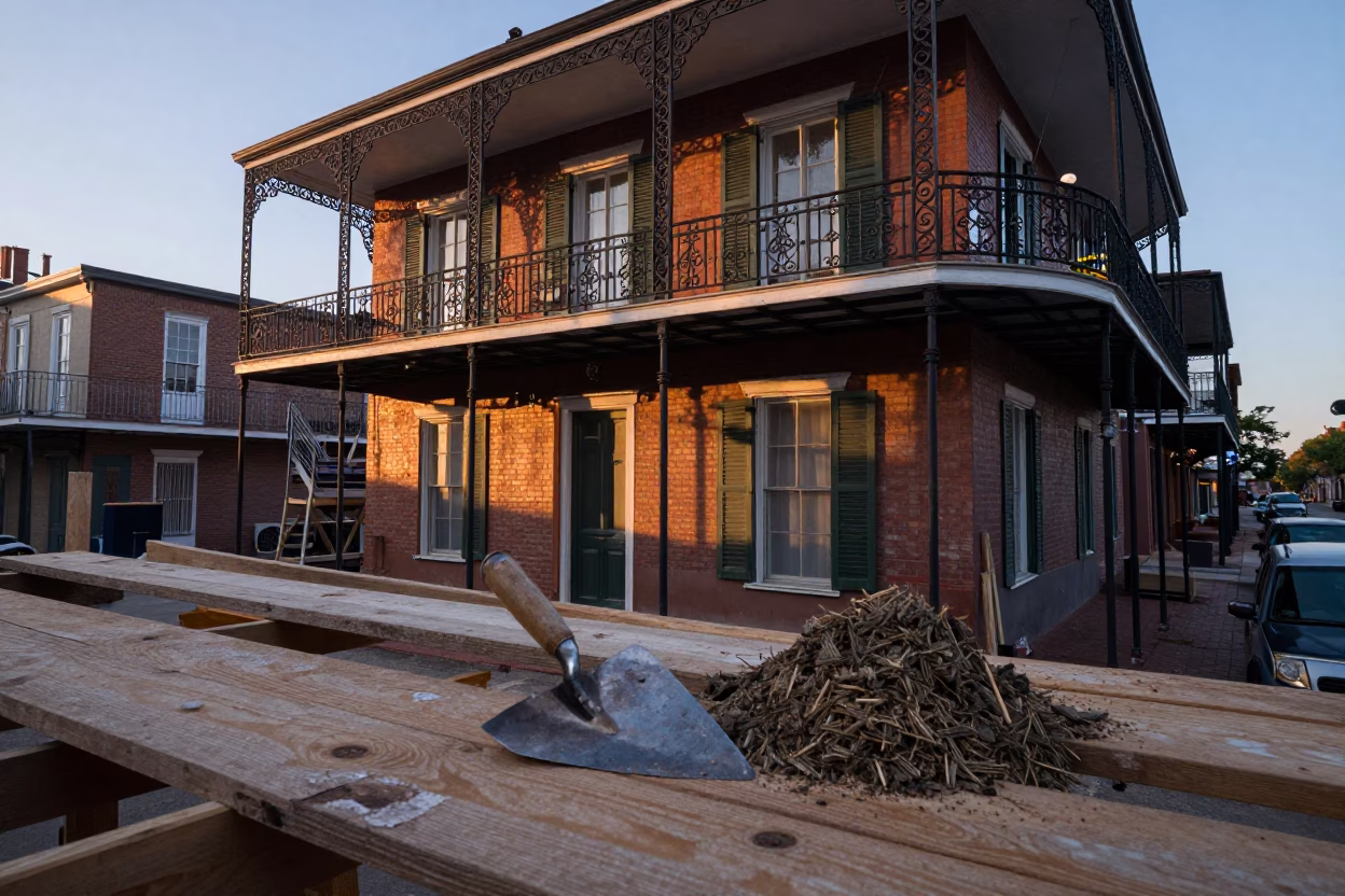 Dawn Construction Work on Historic New Orleans Balcony With Mason Trowel and Wet Mortar in in New Orleans, Louisiana, United States