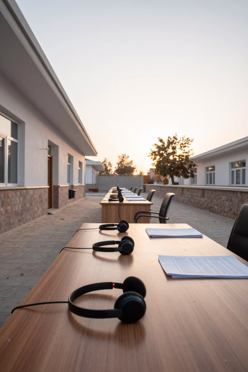 Dawn Corridor with Translation Headsets in Pul-e Khomri in inside a campaign office in Pul-e Khomri
