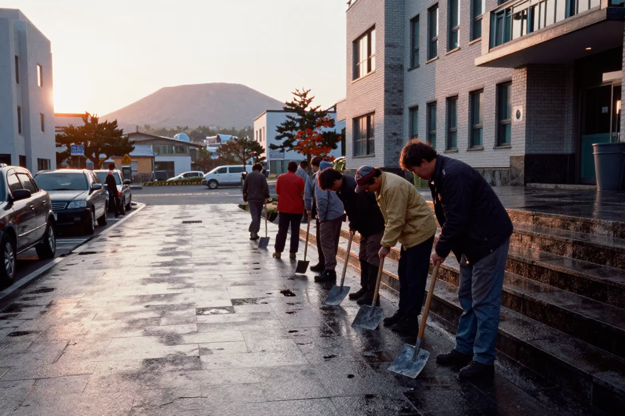Dawn Crew on City Hall Steps Jeju in on the steps of city hall near Jeju