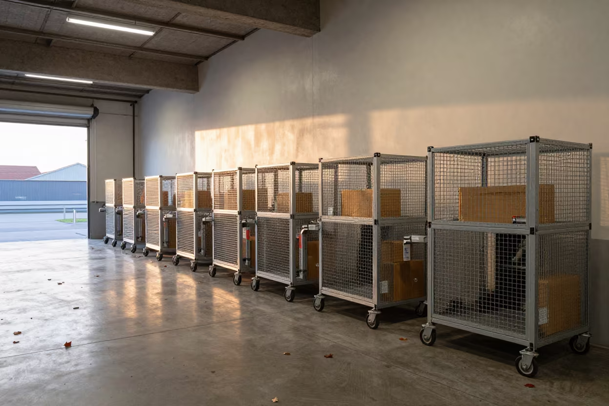 Dawn Cross-Dock Lane with Freight Cages Porto in at a parcel sorting belt near Porto