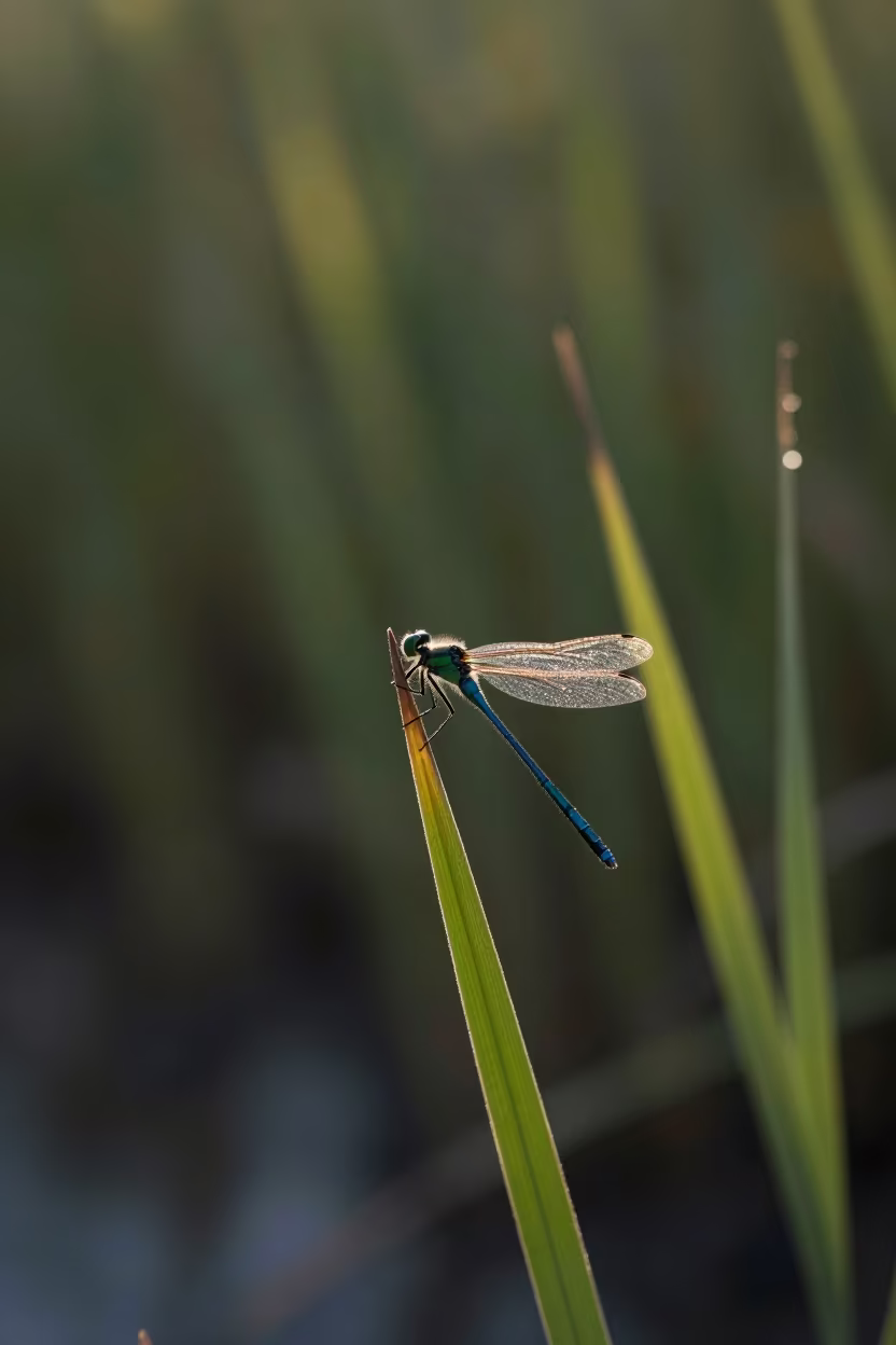 Dawn Damselfly on Reed Tip in Sikkim Shadow in along a game trail in Sikkim