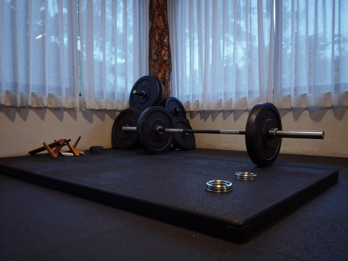 Dawn Deadlift Platform with Plates and Wedges in inside a barbell room under cool LEDs near Krabi