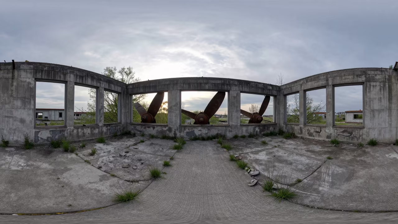 Dawn Light on Derelict Hydro Plant Turbines in through a courtyard reclaimed by grasses near Istanbul