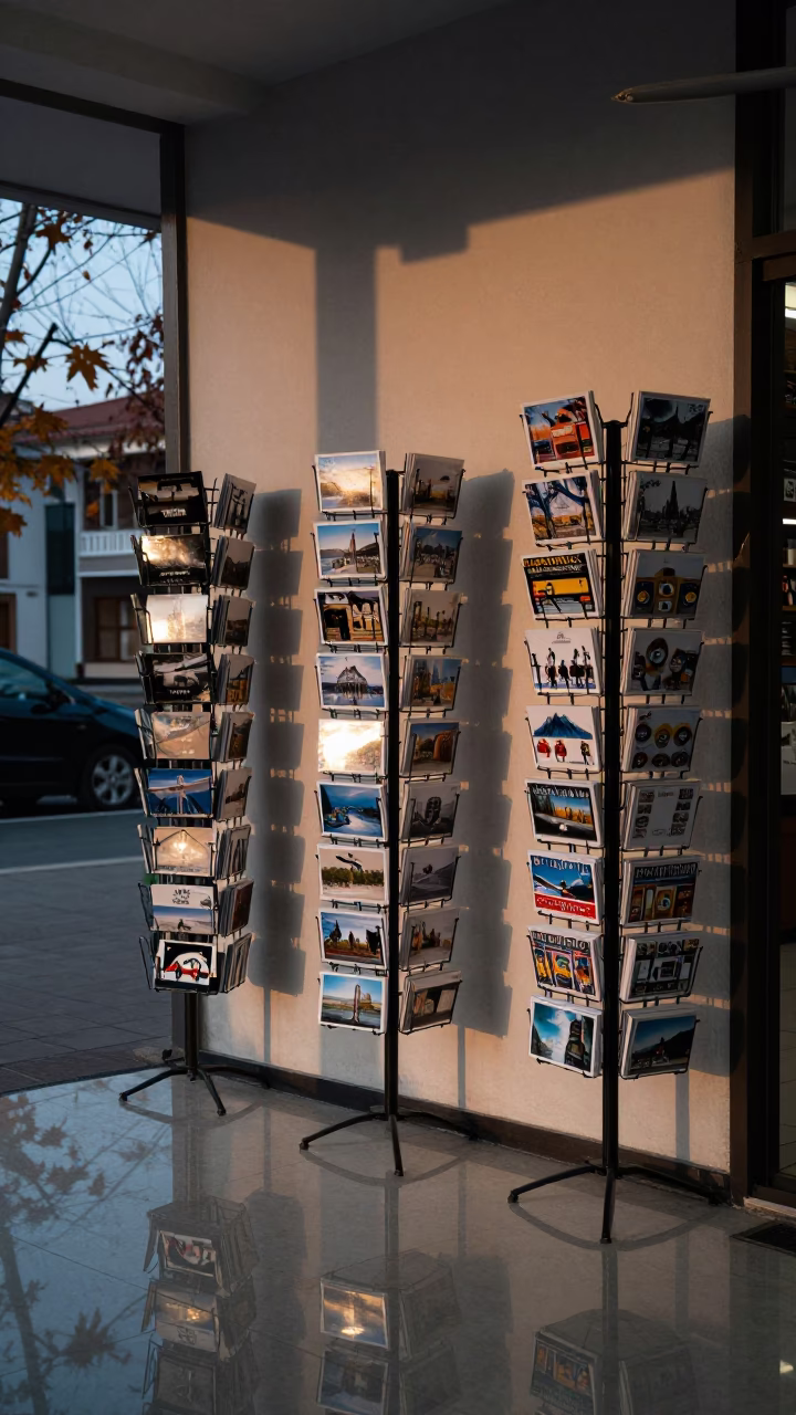 Dawn Display Spinner Rack Trabzon Postcards in along a front-of-store display run in Trabzon