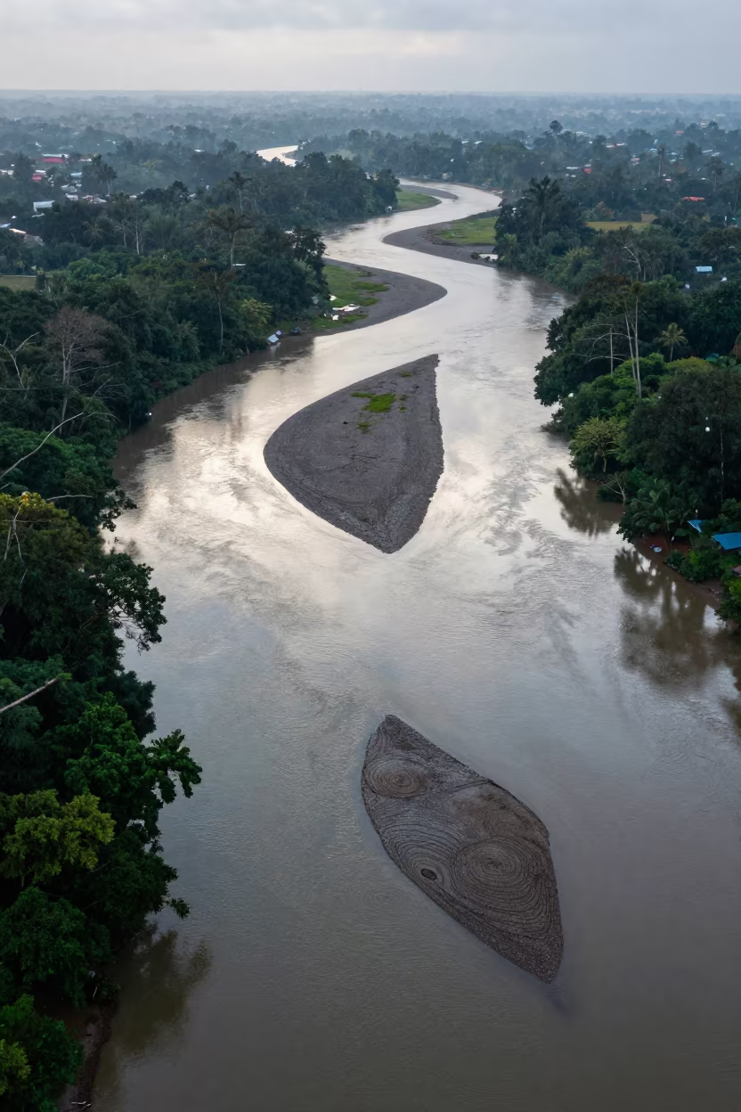 Dawn Double Exposure Tree Rings Forest Canopy in high above braided river channels near Bamako