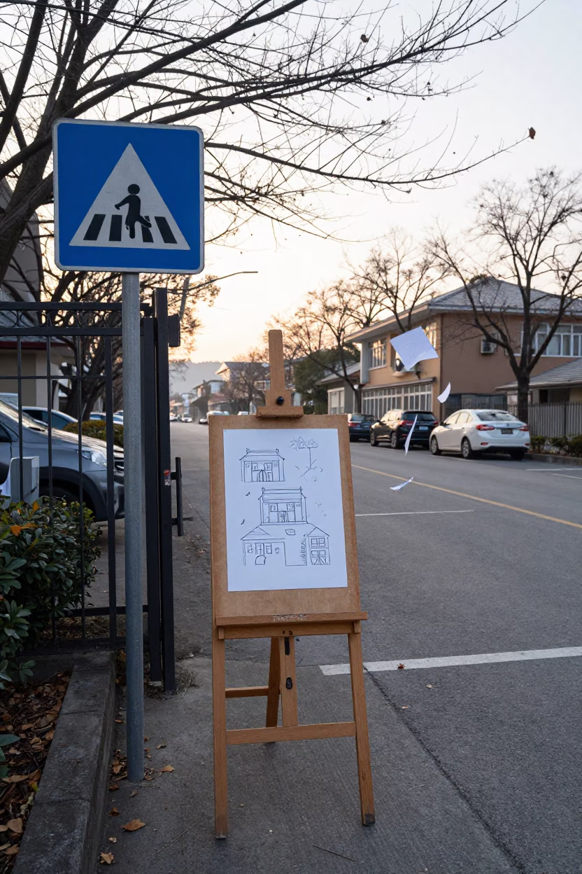 Dawn Drawings on School Easel in Taoyuan in at a crosswalk by a school gate near Taoyuan County