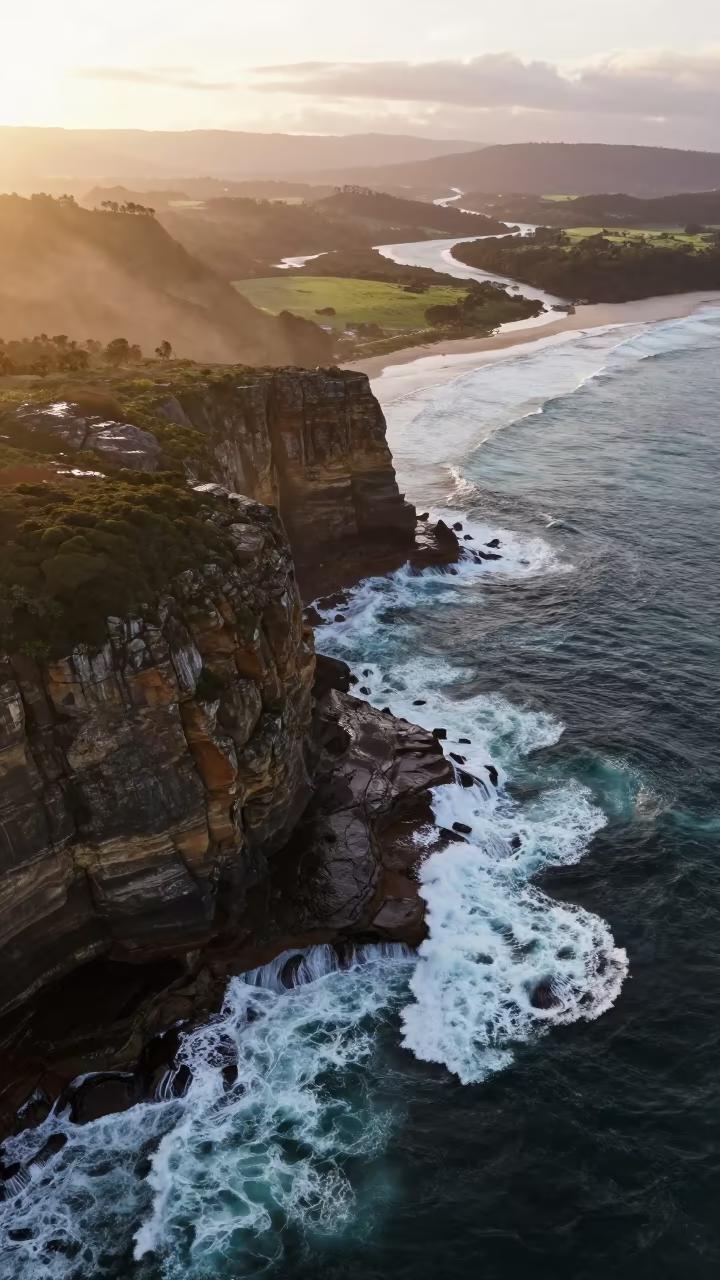 Dawn Drizzle Over Queensland Sea Cliffs and White Surf in far above river meanders in Queensland