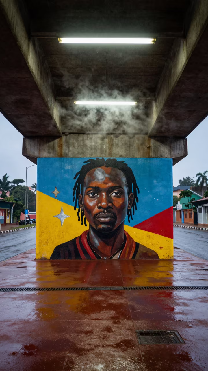 Dawn Drizzle Under Yaounde Underpass Mural in beneath a flickering underpass light in Yaounde