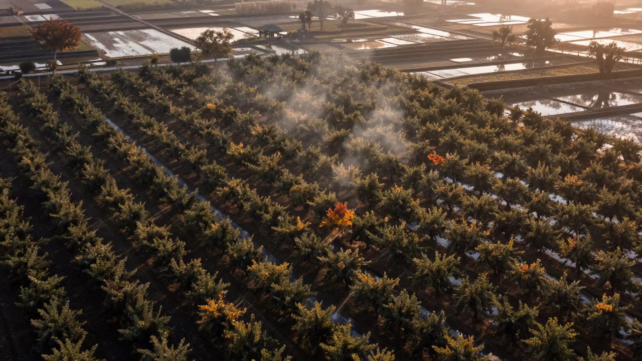 Dawn Drone View of Orchards in Florida Paddies in among terraced rice paddies in Florida