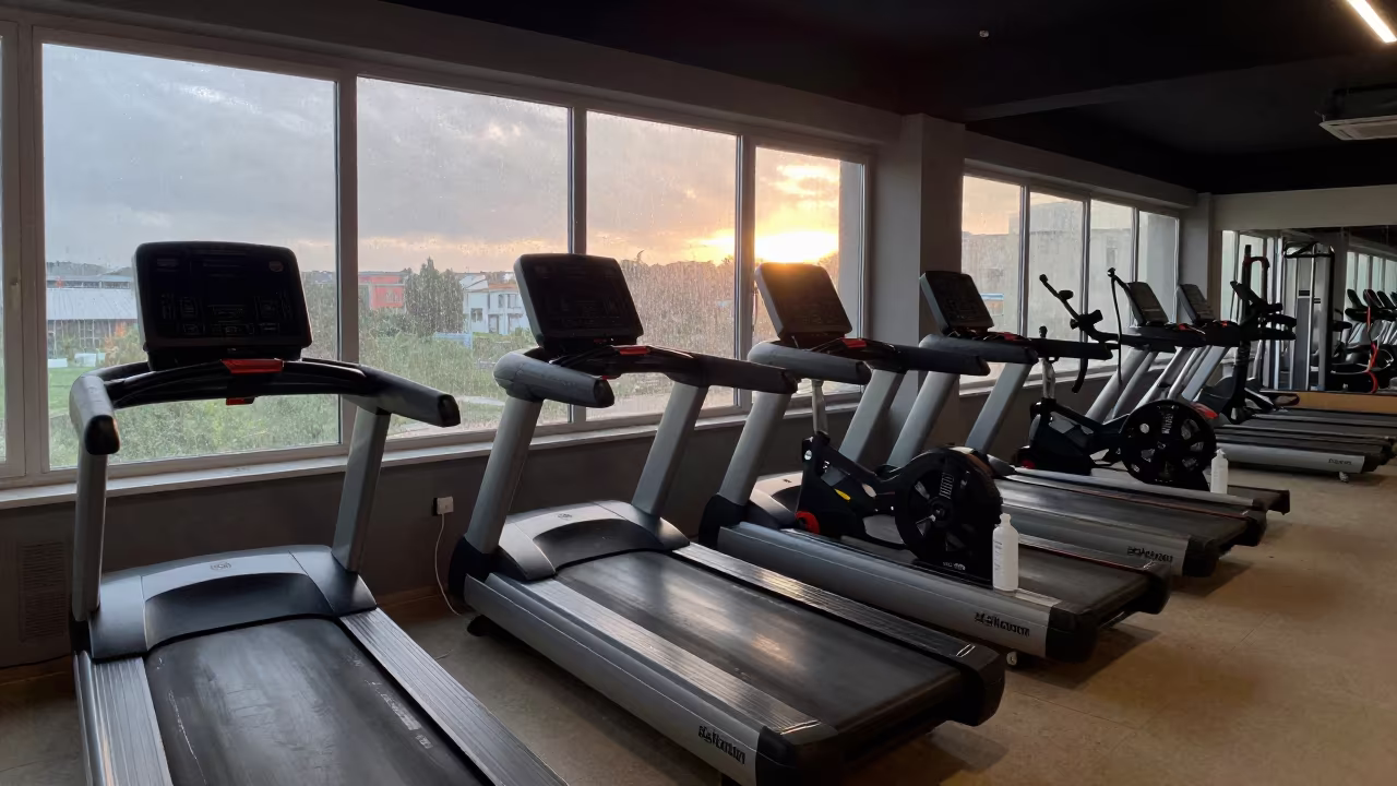 Dawn Dust on Treadmill Deck After Evening Workout in inside a spin studio under class lights near Bucharest