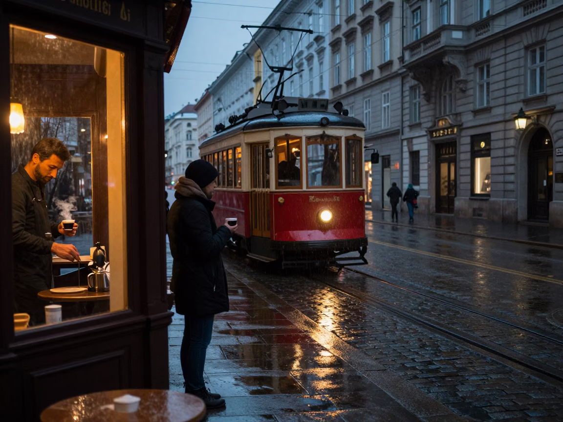 Dawn Espresso and Vintage Tram in Rain-Swept Vienna Austria Street Scene in in Vienna, Austria