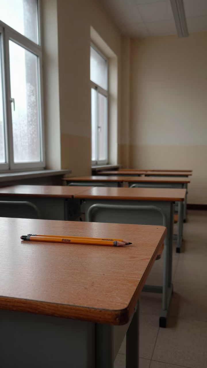 Dawn Exam Desk Pencils in Pyongyang Lab in in a school laboratory near Pyongyang