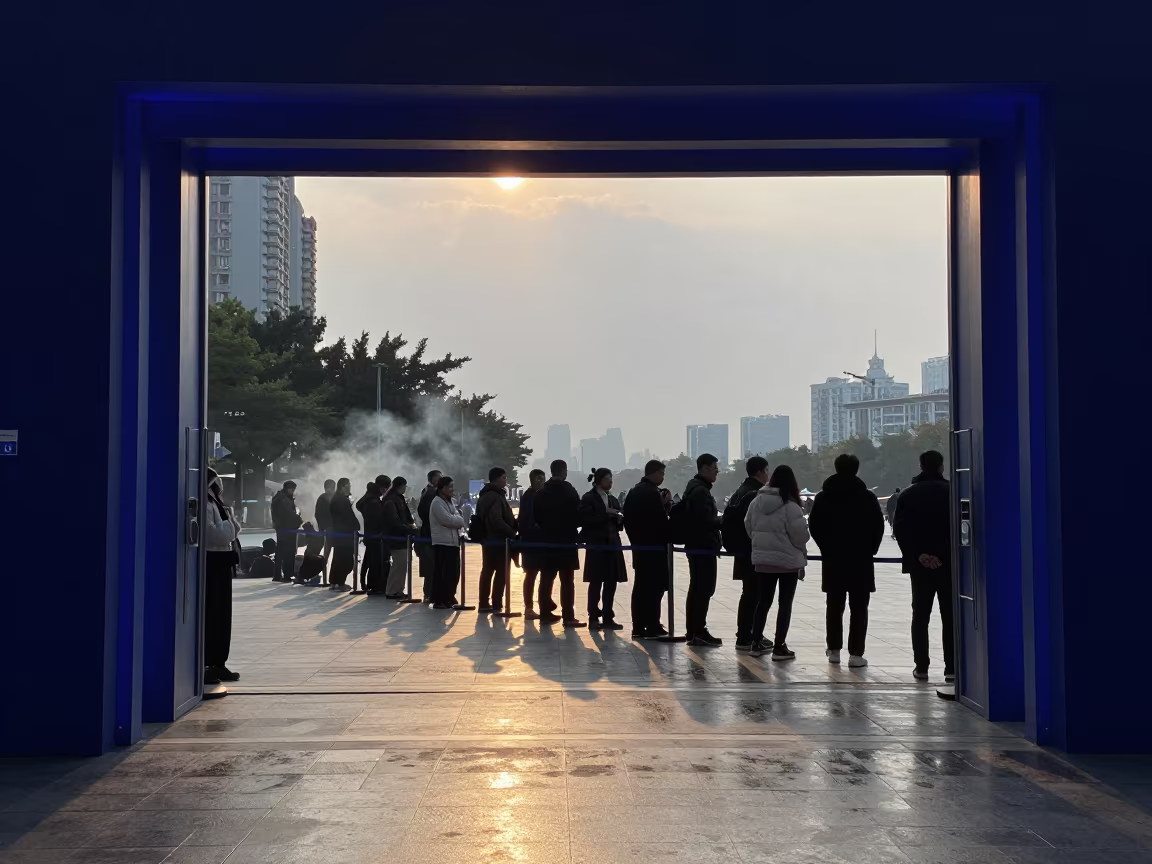 Dawn Fashion Queue Blue Rim Light in across a reflective public plaza in Beijing Road, Guangzhou