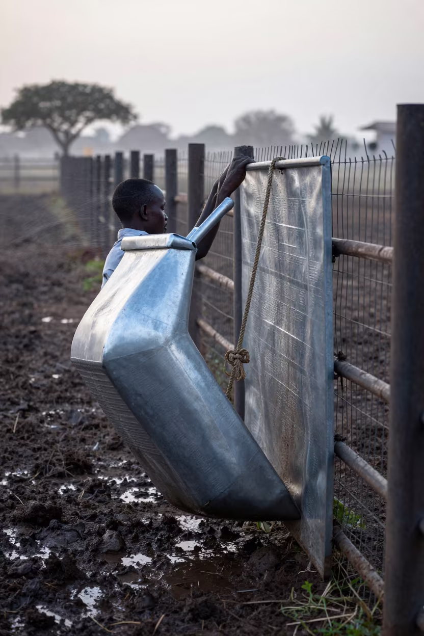 Dawn Feed Bin Muddy Paddock Sudan in along a muddy paddock fence in Sudan