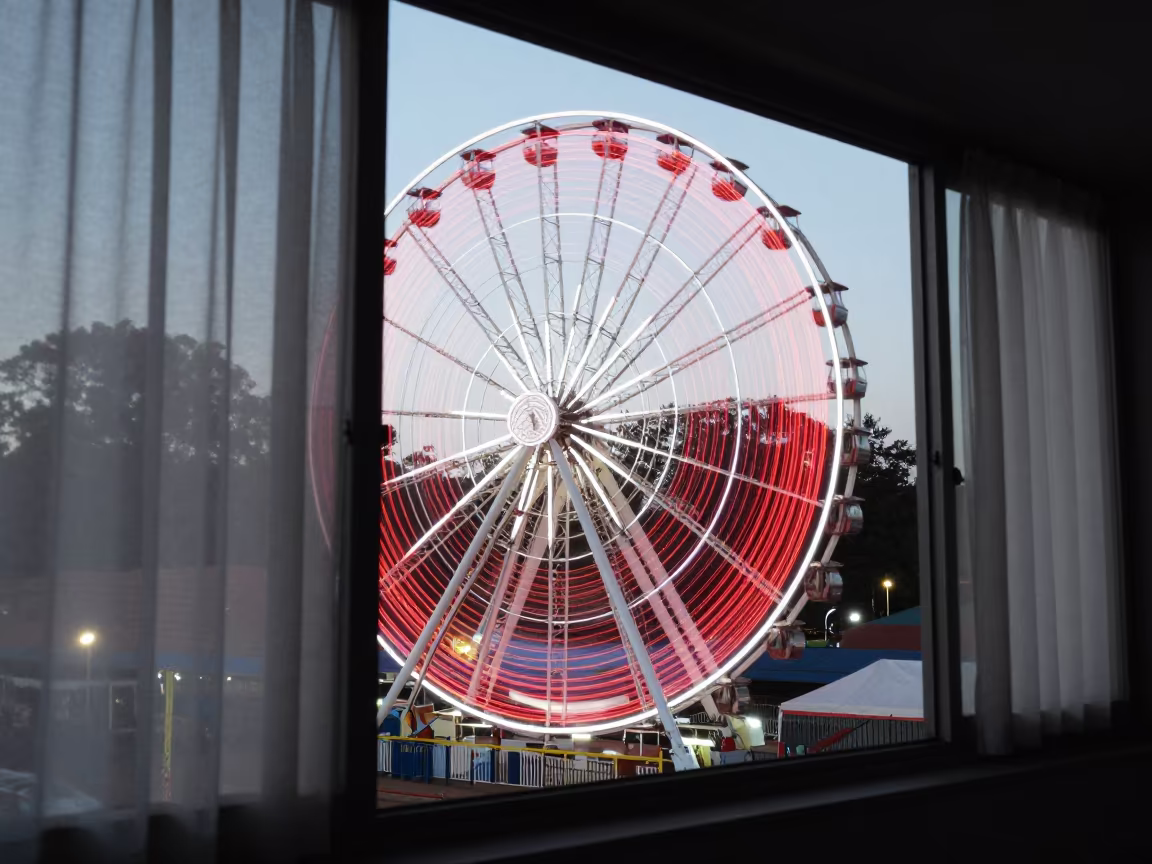 Dawn Ferris Wheel Light Trails in Mbuji-Mayi in inside a skylit passageway in Mbuji-Mayi
