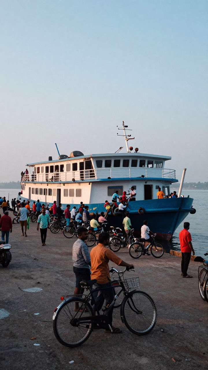 Dawn Ferry at Kochi Dock with Passengers and Bicycles in First Light in in Kochi, India