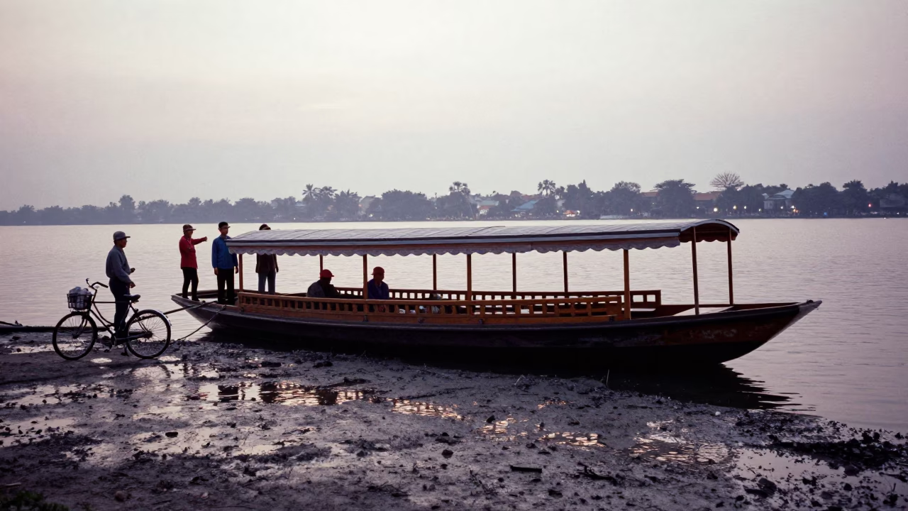 Dawn Ferry Departure at Hanoi West Lake with Bicycles and Woven Basket in in Hanoi, Vietnam