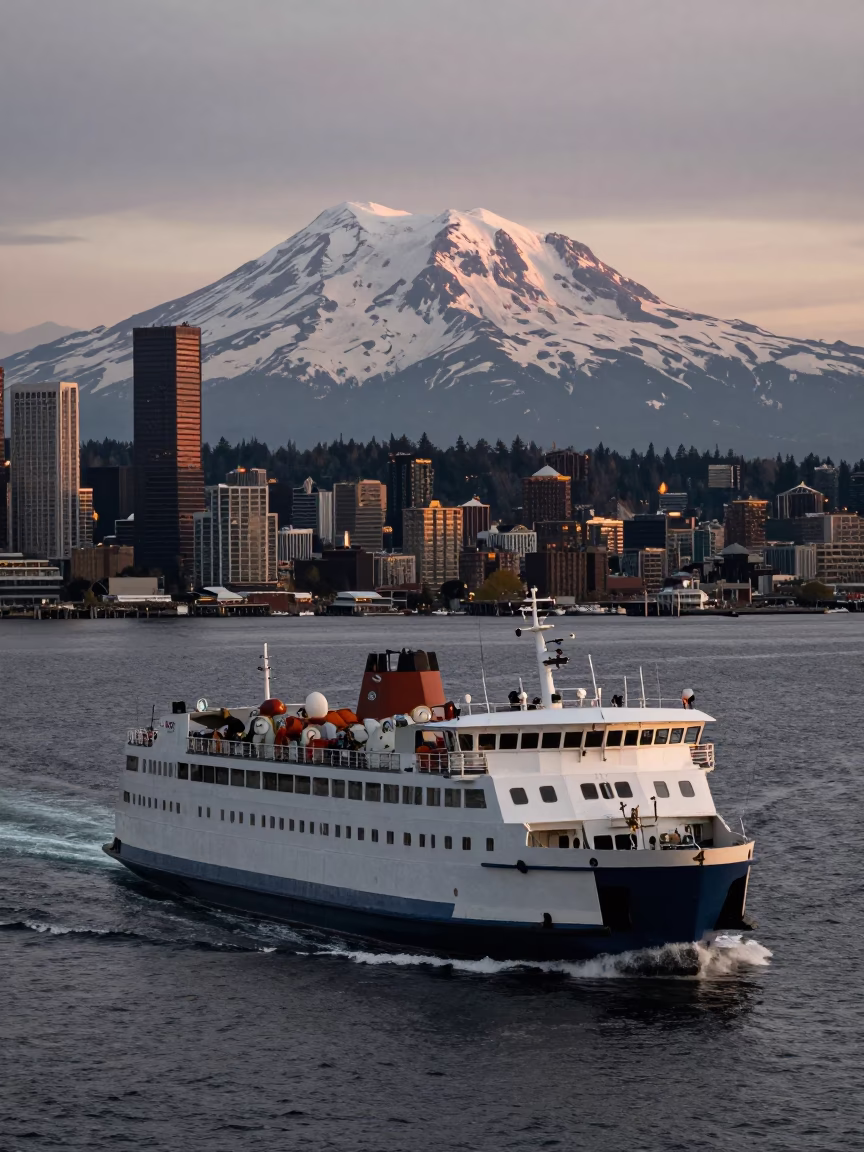 Dawn Ferry Departure from Seattle Harbor with Rainier Mountain Backdrop and Early Morning Mist in in Seattle, Washington, United States