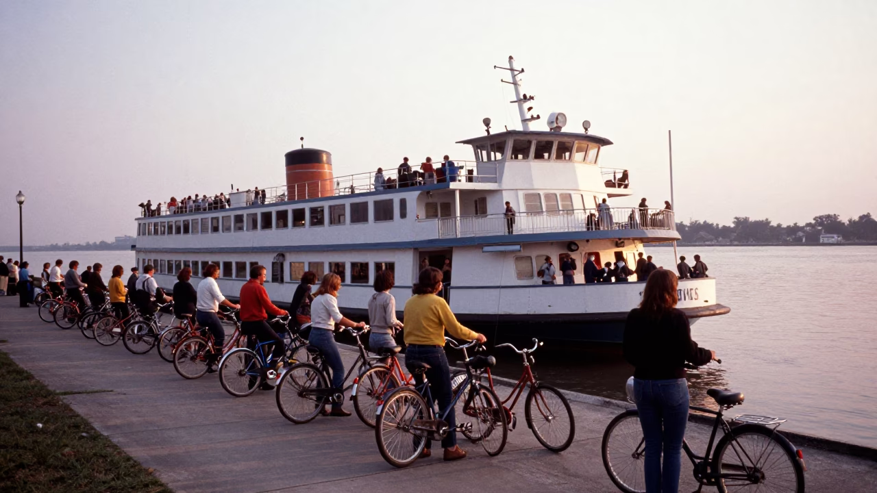 Dawn Ferry Departure in New Orleans Louisiana with Bicycles and Passengers Loading in in New Orleans, Louisiana, United States