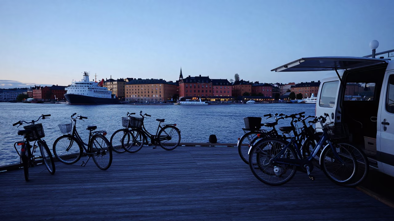 Dawn Ferry Dock in Stockholm Sweden with Bicycle Loading and Twine Detail in in Stockholm, Sweden