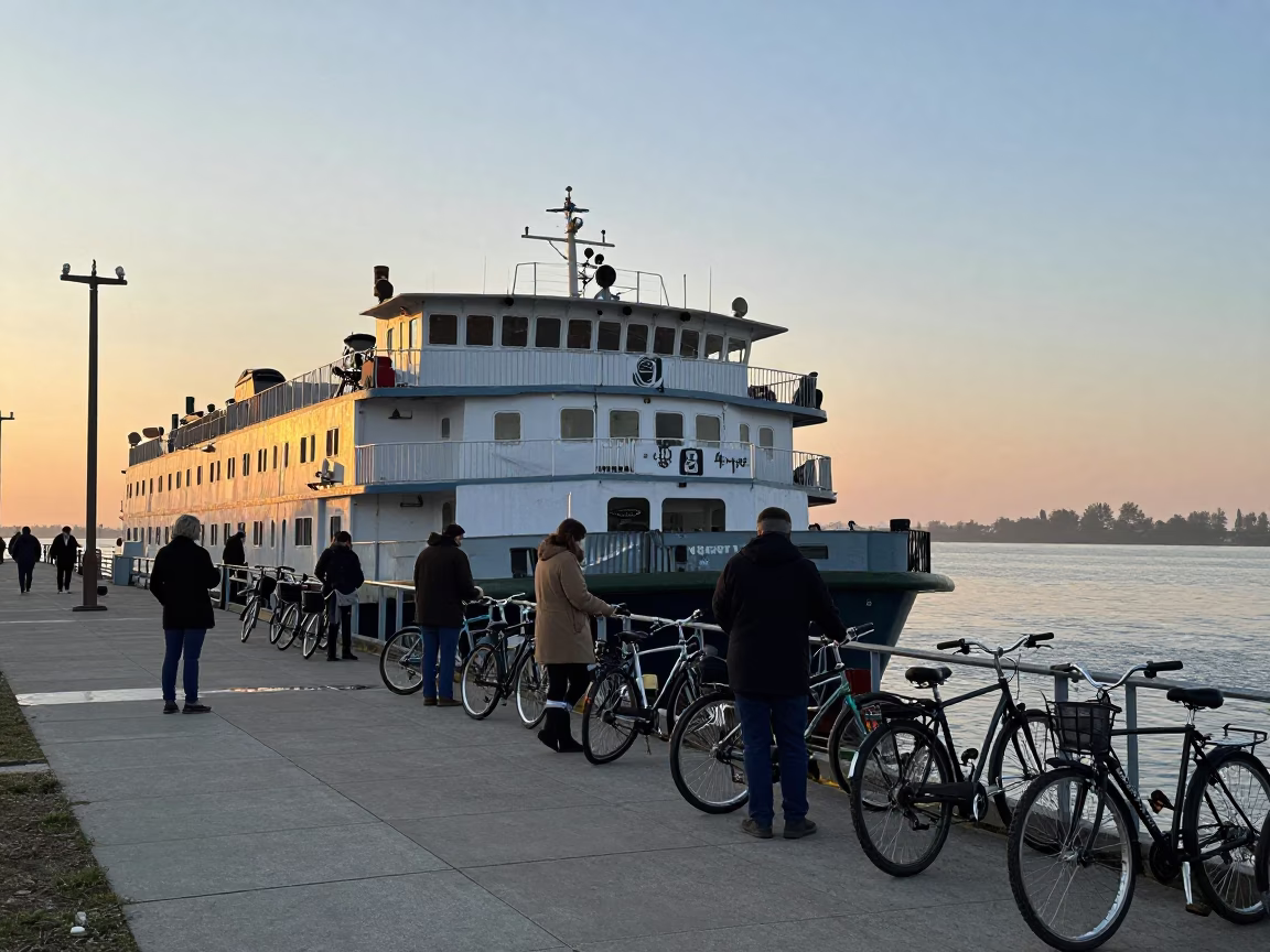 Dawn Ferry Loading Bicycles and Passengers on Mississippi River in New Orleans Louisiana in in New Orleans, Louisiana, United States
