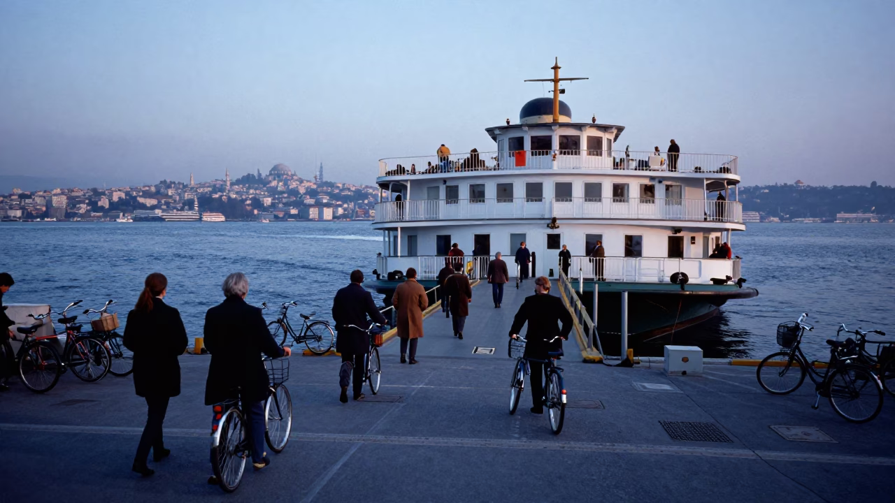 Dawn Ferry Loading Passengers and Bicycles at Istanbul Dock Before Sunrise in in Istanbul, Turkey