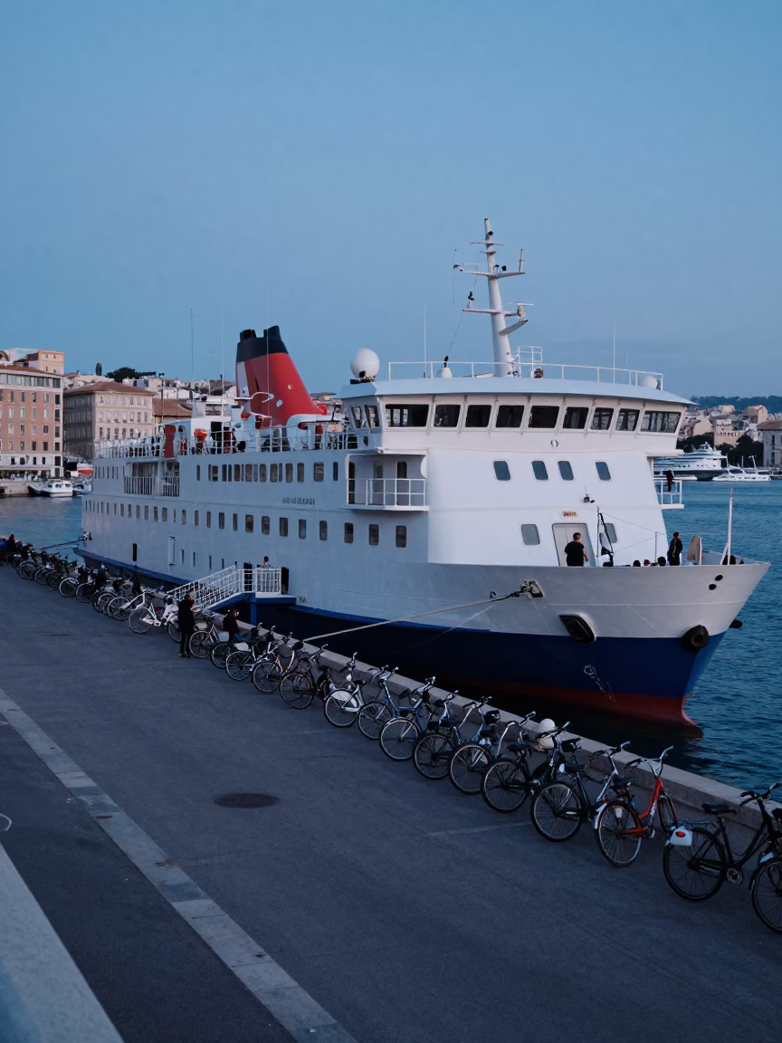 Dawn Ferry Loading Passengers and Bicycles at Marseille Vieux Port Dock in in Marseille, France