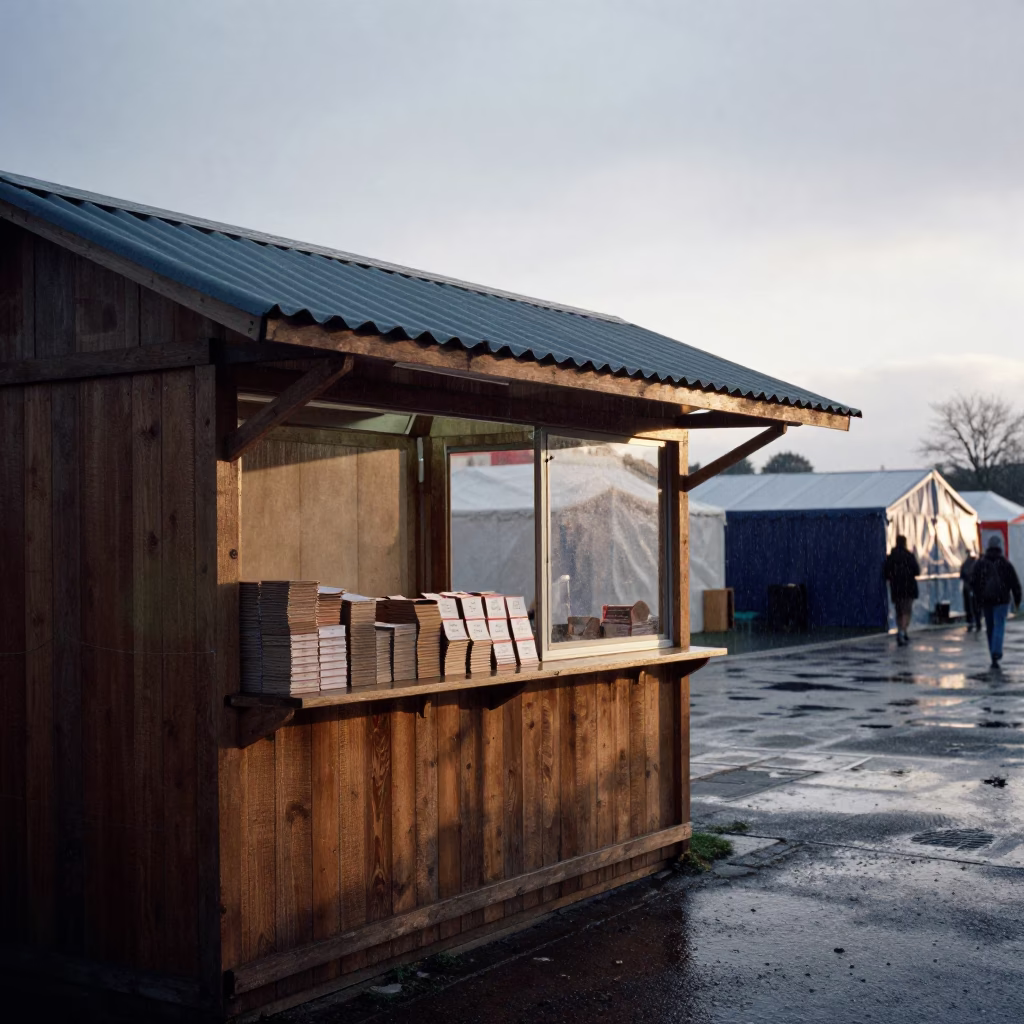 Dawn Festival Token Booth in Winter Rain in at a waterfront celebration in Leicester