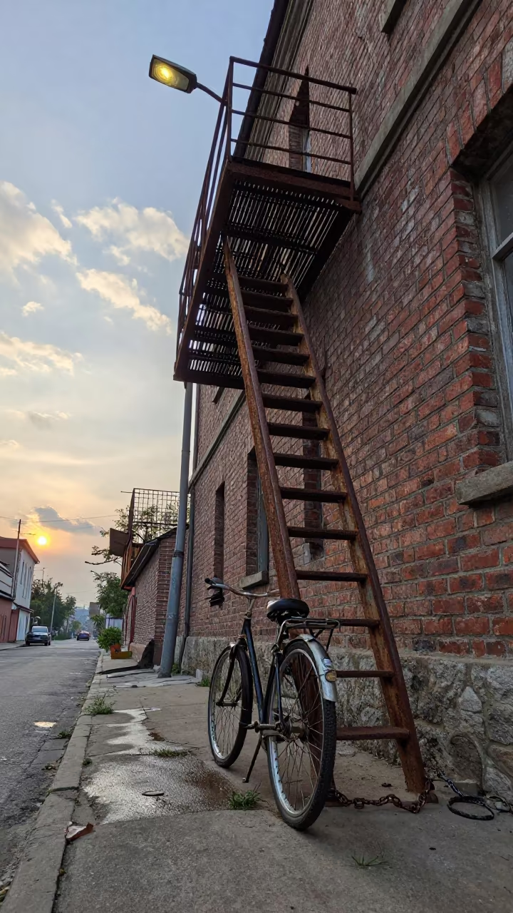Dawn Fire Escape Bicycle Underpass Kharkiv in beneath a flickering underpass light in Kharkiv