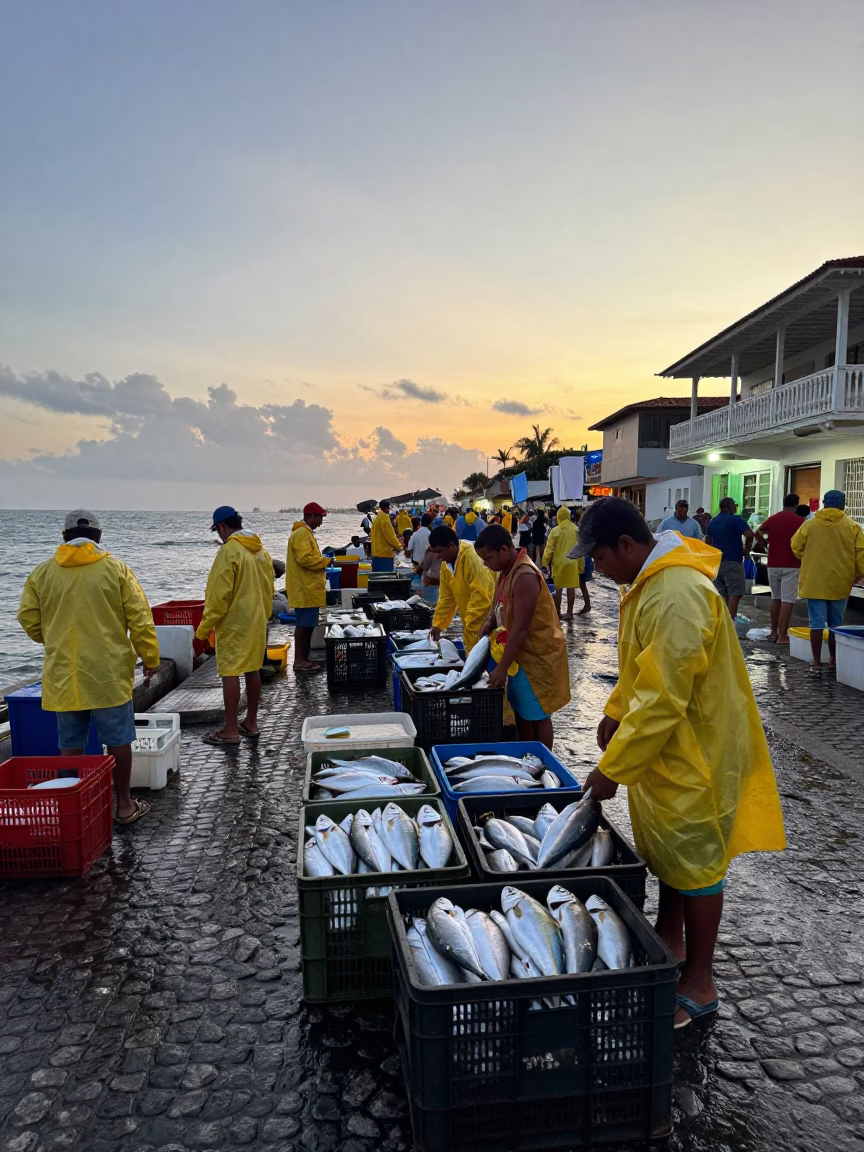 Dawn Fish Auction in Cartagena Colombia with Shirt Hangers and Laundry Pins in in Cartagena, Colombia