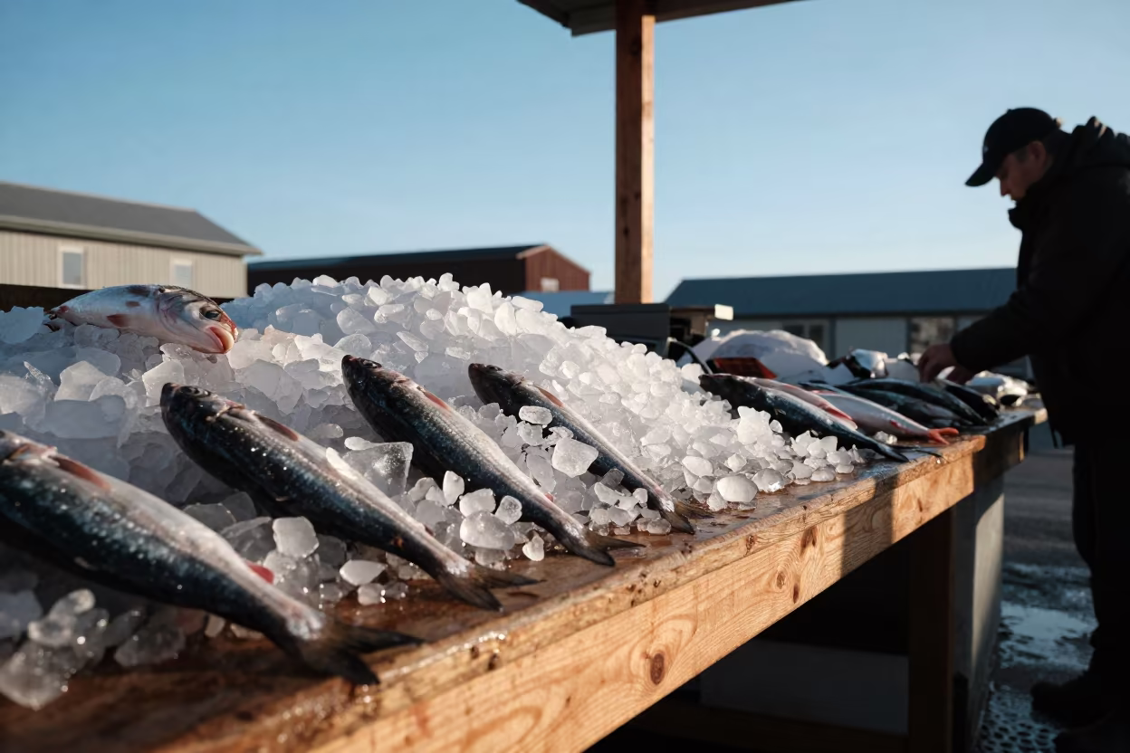 Dawn Fish Market Anchorage Ice and Scales in at a market stall in Anchorage