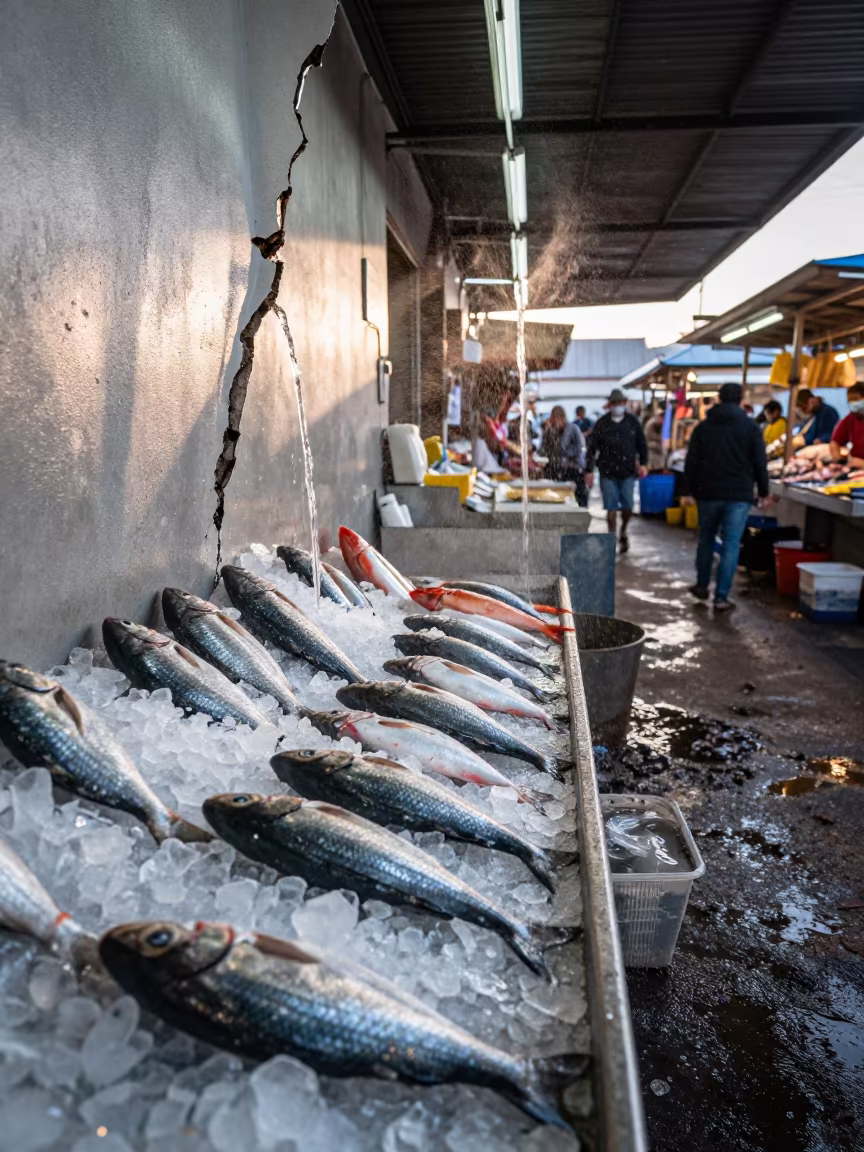 Dawn Fish Market with Waterfall from Wall in beside a fish counter in Davie Village, Vancouver