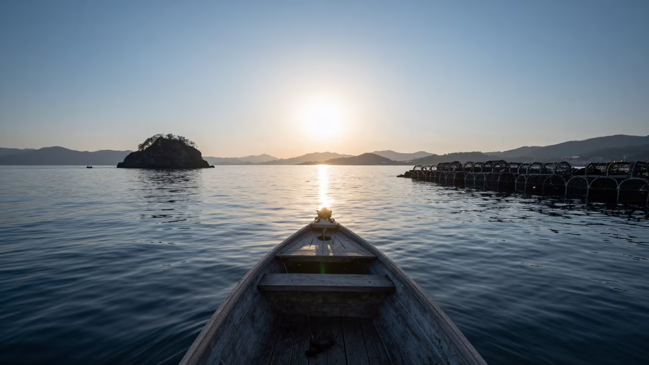 Dawn Fishing Boat Hauling Crab Pots Near Fukuoka in beside a volcanic drop-off near Fukuoka
