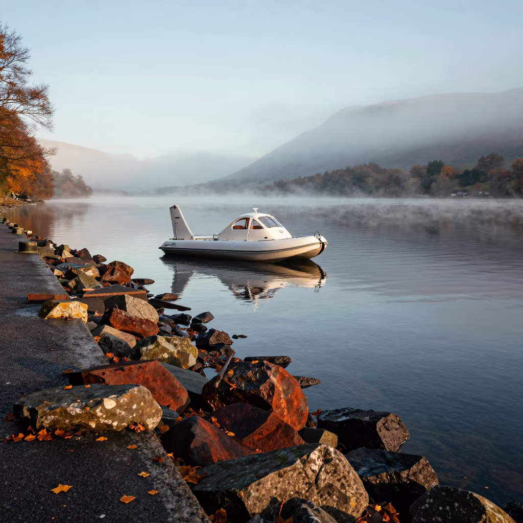 Dawn Floatplane Over Foggy Lake District Harbor in beside a fogbound harbor mouth in the Lake District