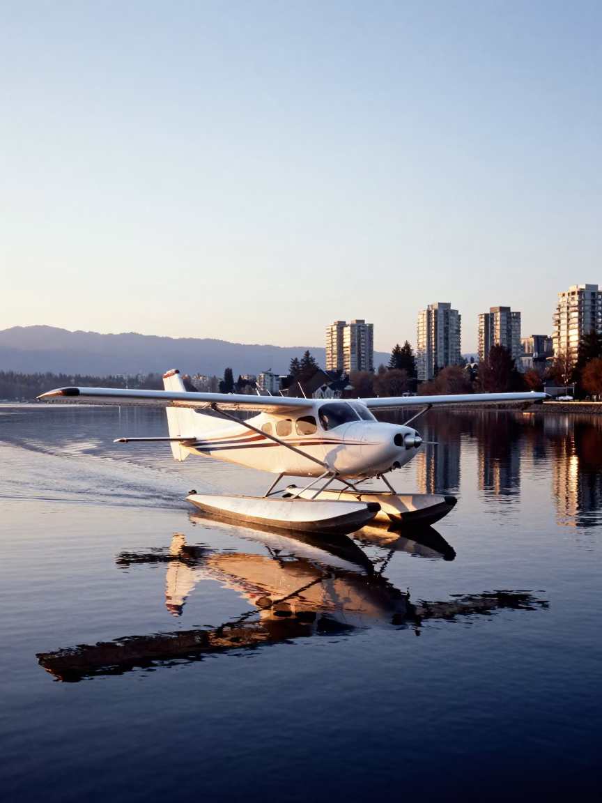 Dawn Floatplane on Glassy Burrard Inlet Vancouver British Columbia Street Scene in in Vancouver, British Columbia, Canada