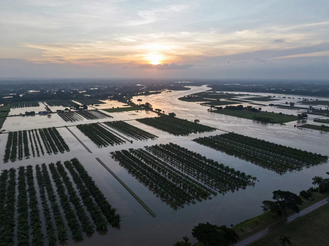 Dawn Flood River Costa Rica Aerial View in far above orchard blocks and irrigation lines in Costa Rica